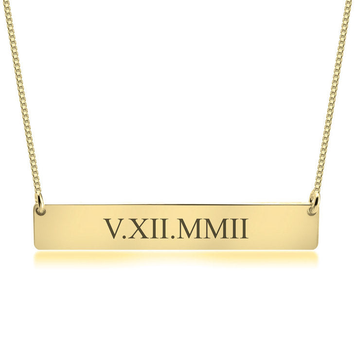 Horizontal Bar Necklace with Inscribed Date in Roman Numerals
