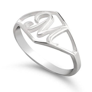 Diamond Shape Framed Custom Script Initial Ring - Sterling Silver Rings / Silver Rings