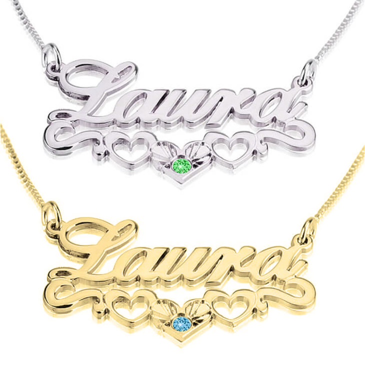Birthstone and Name Necklace Adorned with Three Hearts